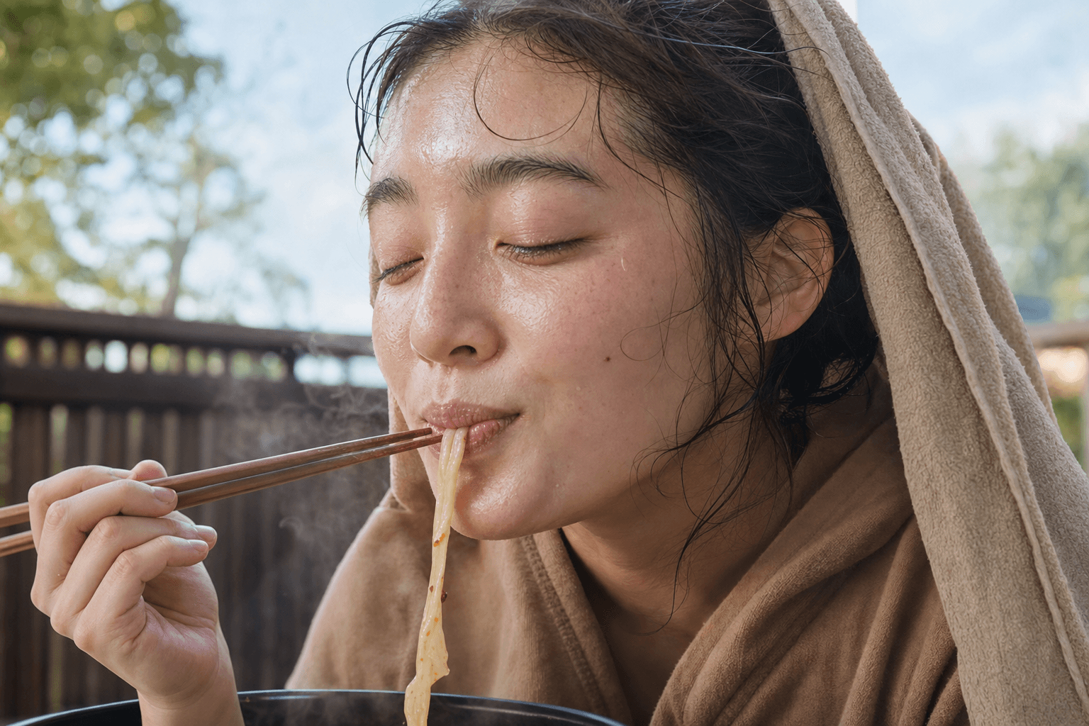 サウナ上がりに麻辣湯を食べる女性
